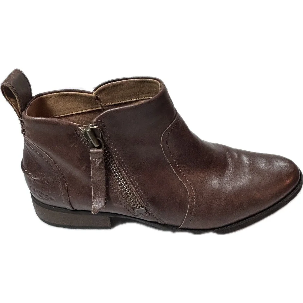 UGG Aureo 1098314 Women's 10 Brown Leather Side Zip Ankle Boots Booties